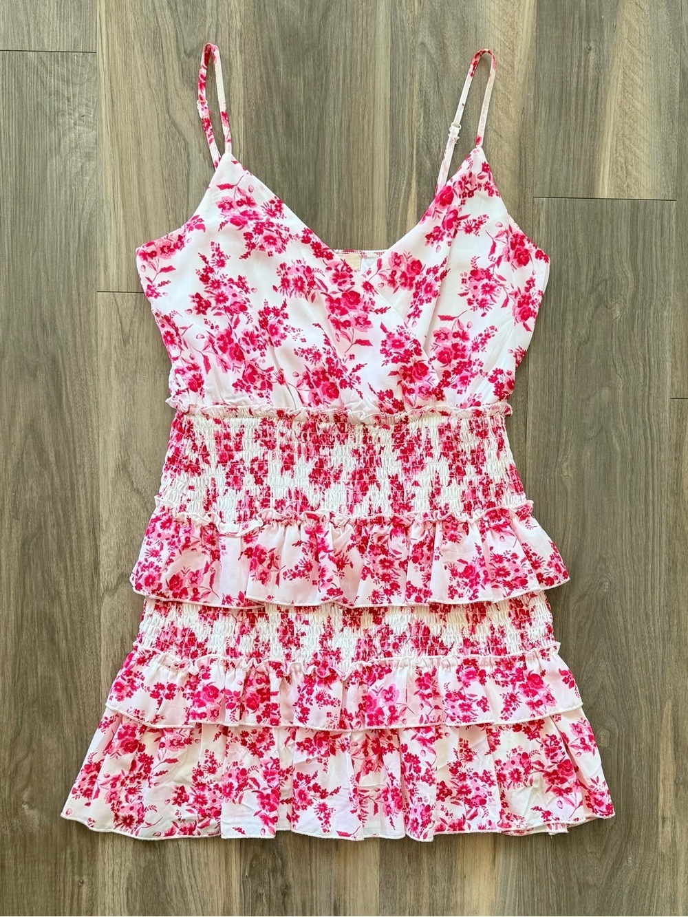 Row A Pink & White Smocked Tiered Ruffle Dress Size S